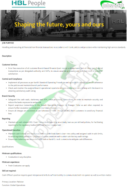 HBL Pakistan Jobs Bank 2024 apply online