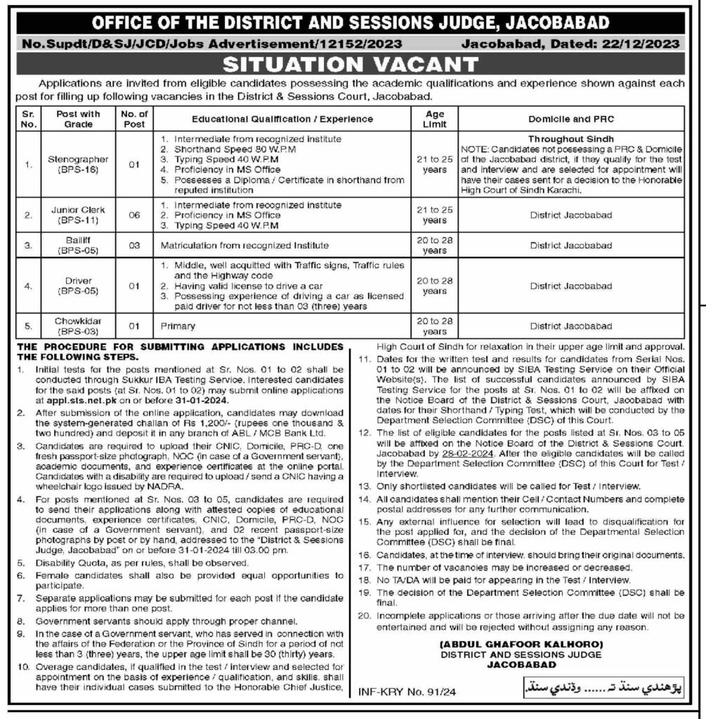District & Session Court Jacobabad apply online 2024