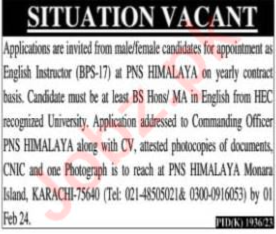English Instructor Job At Pakistan Navy - NAVY JOBS 2024
